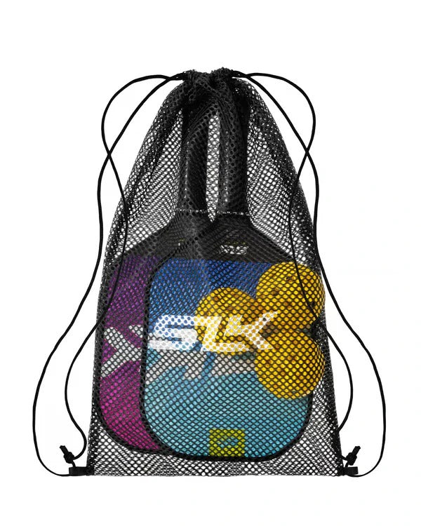 Mesh drawstring bag containing colorful bags with visible branding on a white background