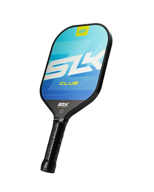 Blue pickleball paddle with black handle on a white background