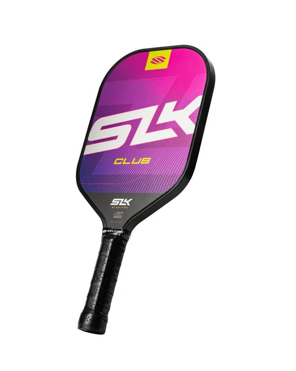 Pickleball paddle with pink and black design on a white background