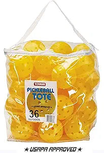 A tote of yellow Tourna Strike Outdoor Pickleball with 40 small holes and a textured surface.