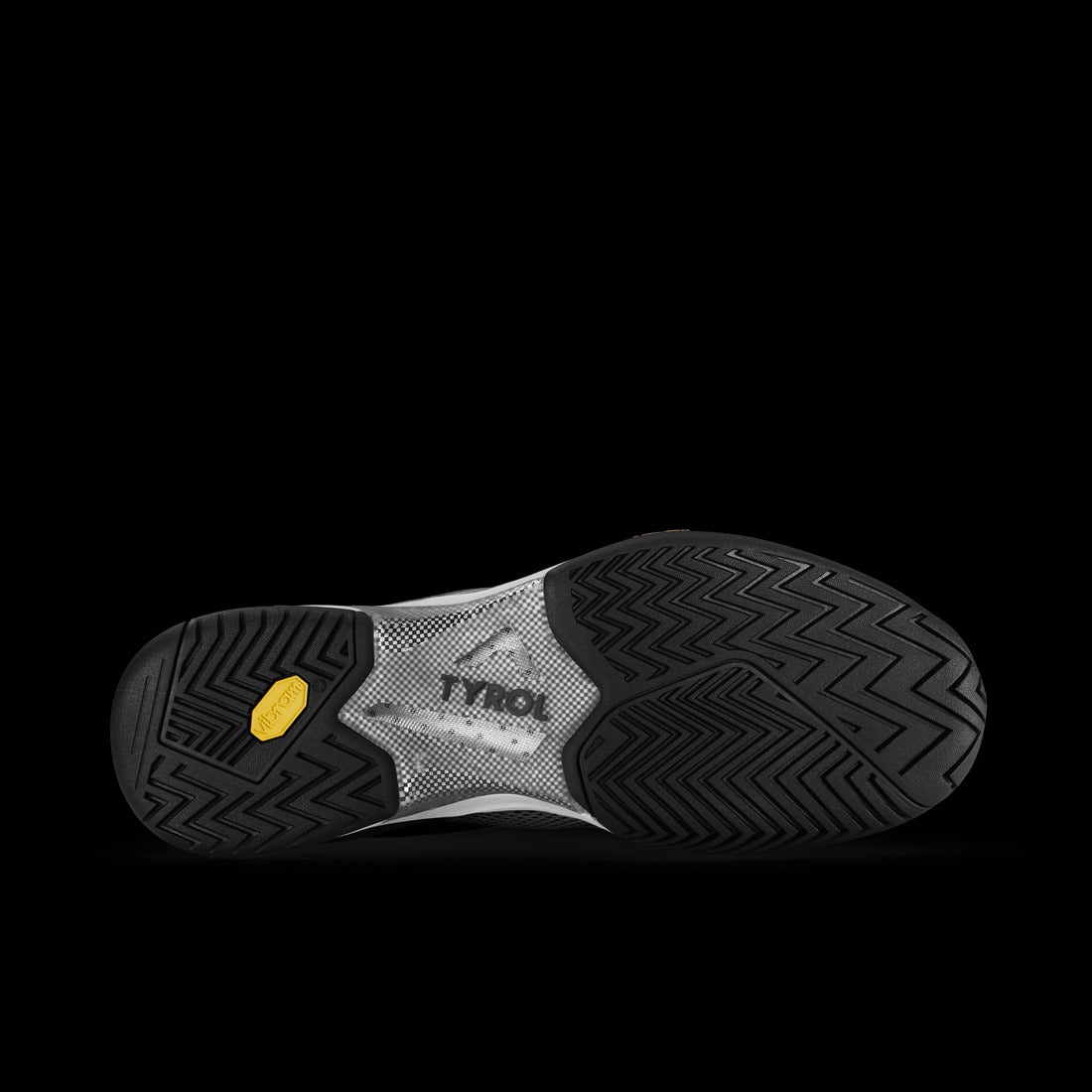Black and gray shoe sole with 'Tyrol' branding on a black background