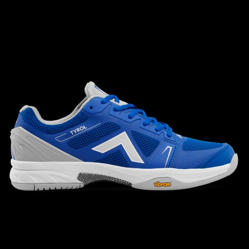 Blue athletic shoe with white accents on a black background