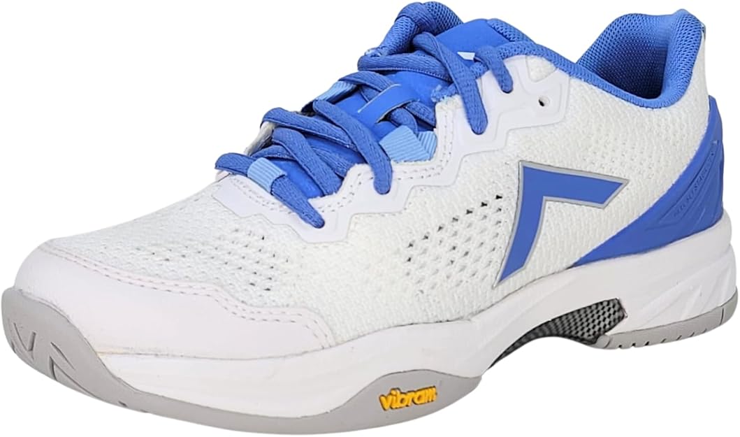 Women's Tyrol Velocity V Series Pickleball Shoe featuring a white and blue color scheme with a mesh upper, a Vibram outsole, and the Tyrol logo on the side.