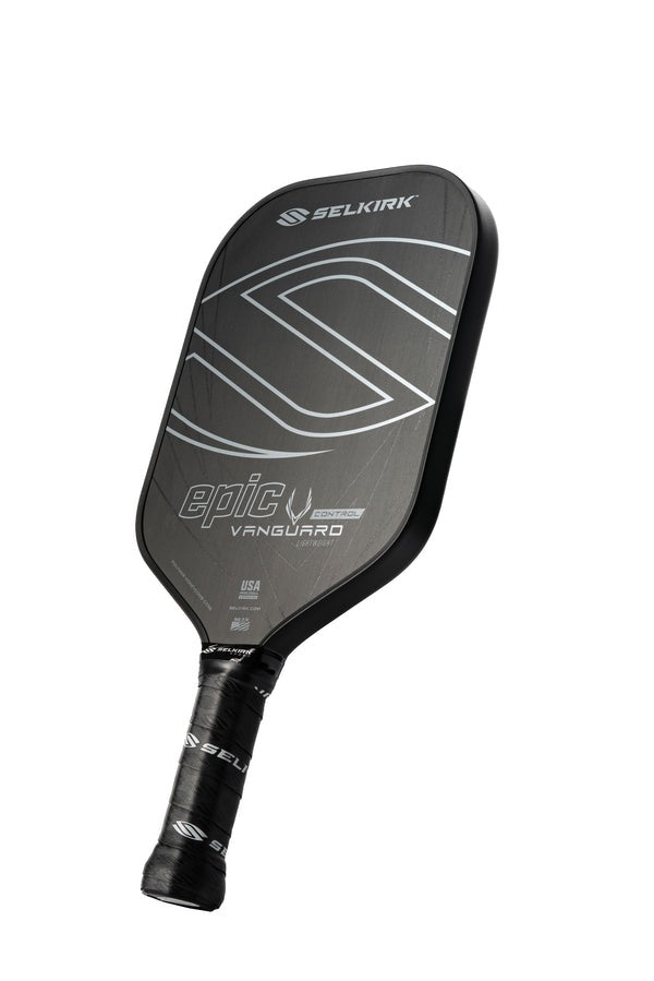 Black and gray pickleball paddle with Selkirk branding on a white background