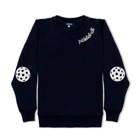 Navy blue sweatshirt with white pickleballs on sleeves and 'Pickleball' text on a white background