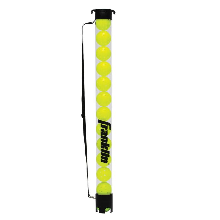 A Franklin branded pickleball ball tube with a black strap and yellow ball storage container, standing upright with a logo visible on the tube.