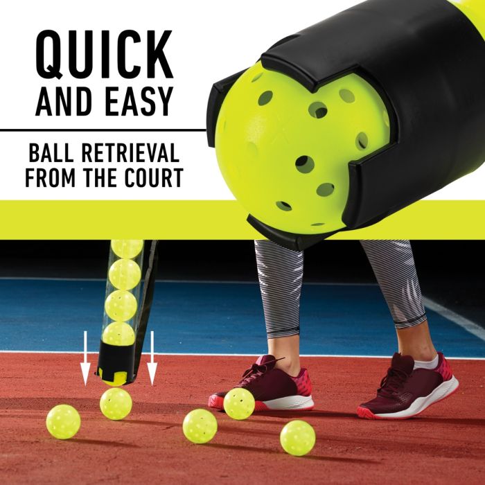 A Franklin branded pickleball ball tube with a black strap and yellow ball storage container, standing upright with a logo visible on the tube.