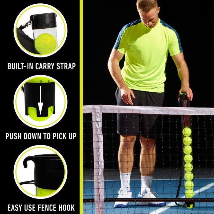 A Franklin branded pickleball ball tube with a black strap and yellow ball storage container, standing upright with a logo visible on the tube.