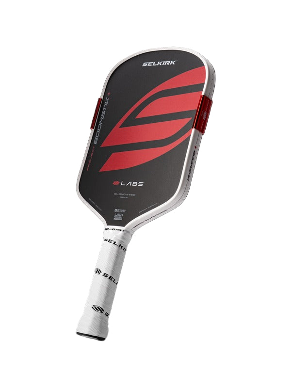 Pickleball paddle with red and black design on a white background
