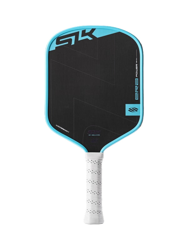 Pickleball paddle with black face and blue border on a white background