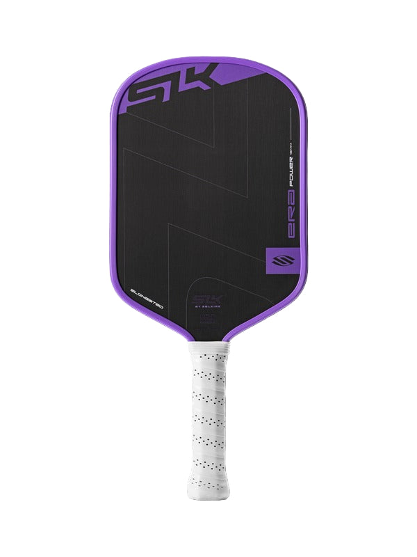 Purple and black pickleball paddle with white handle on a white background