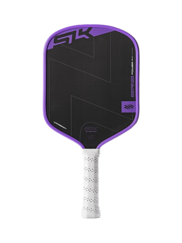Pickleball paddle with purple and black design on a white background