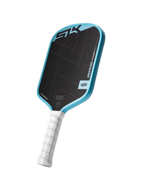 Pickleball paddle with black and blue design on a white background