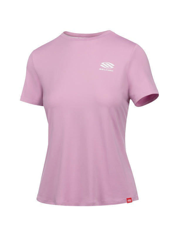 Pink t-shirt with a logo on a white background
