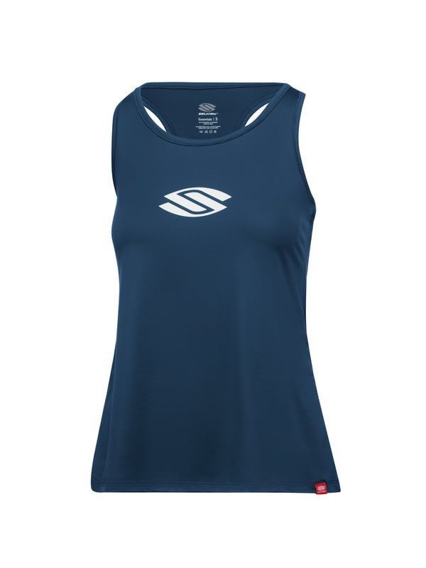 Navy blue sleeveless shirt with a logo on a white background