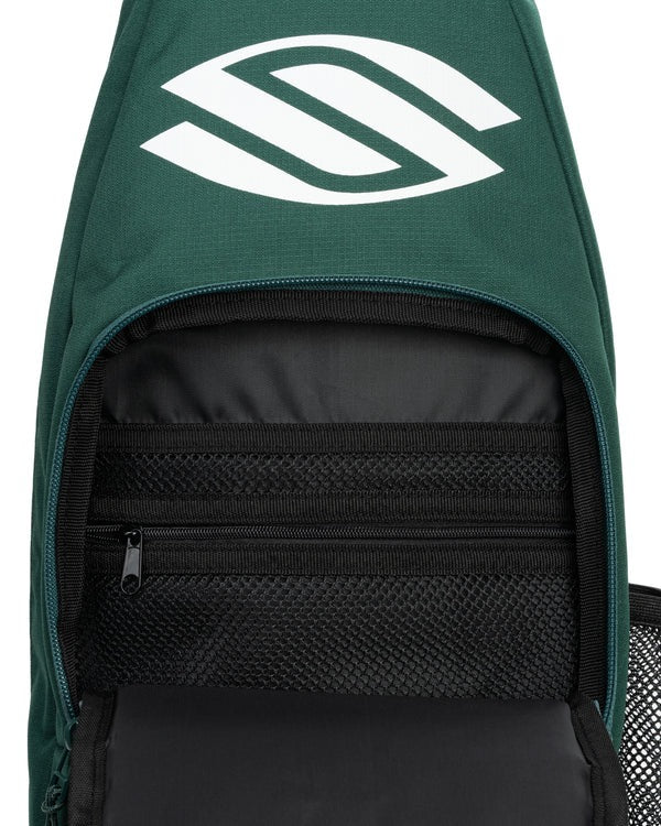 Green backpack with a white logo on the back