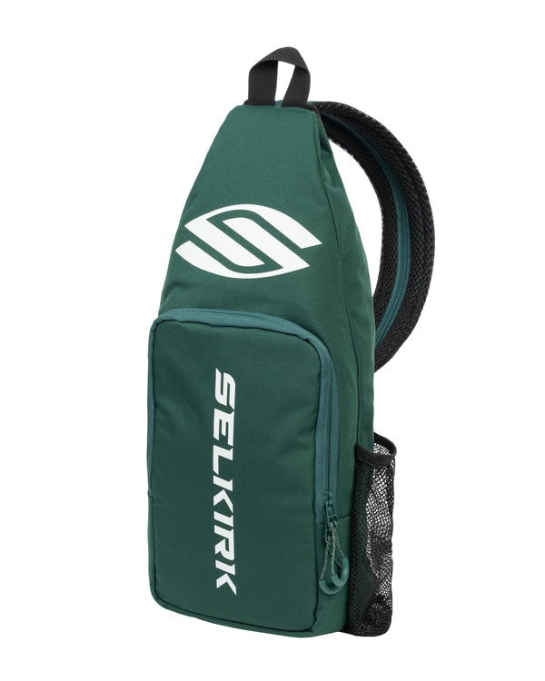 Green sling bag with Selkirk logo on a white background