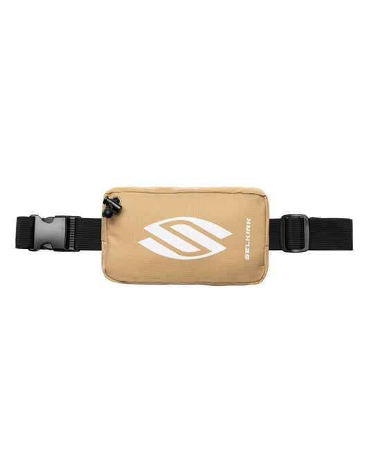 Beige waist bag with black strap and white logo on a white background