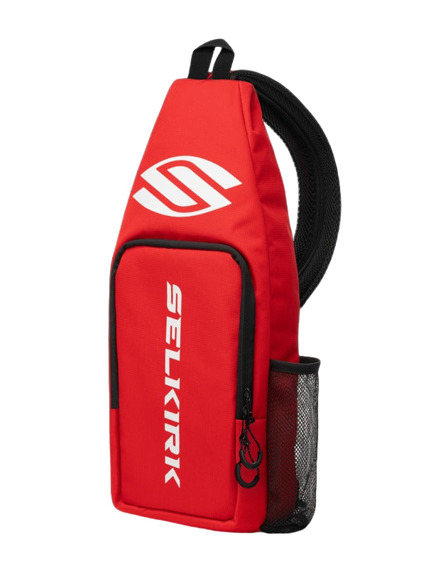 Red sling bag with Selkirk logo on a black background