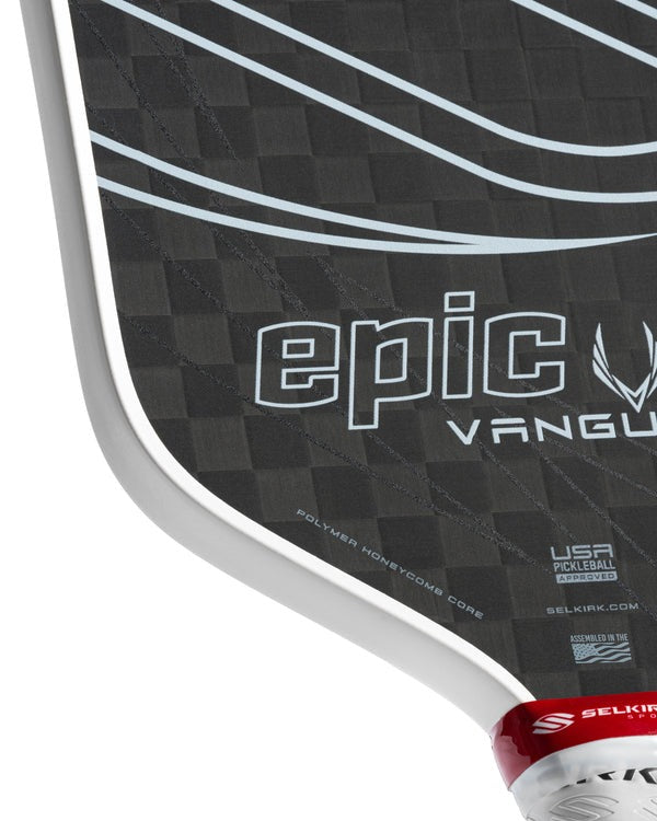 Close-up of a paddle with 'Epic' branding on a white background