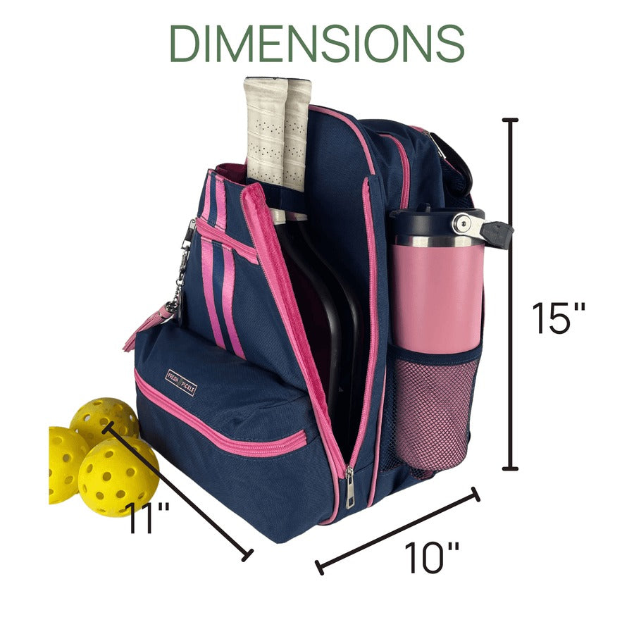 Navy and pink pickleball bag with dimensions labeled on a white background