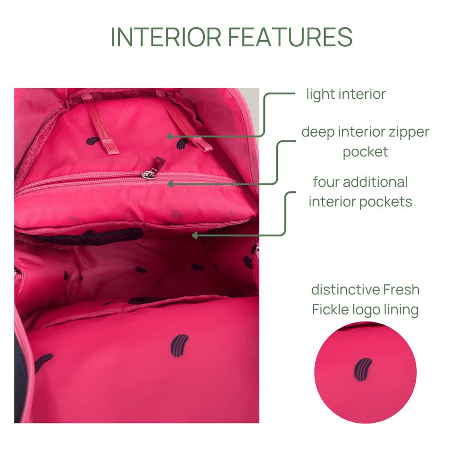 Pink backpack interior with features highlighted on a white background