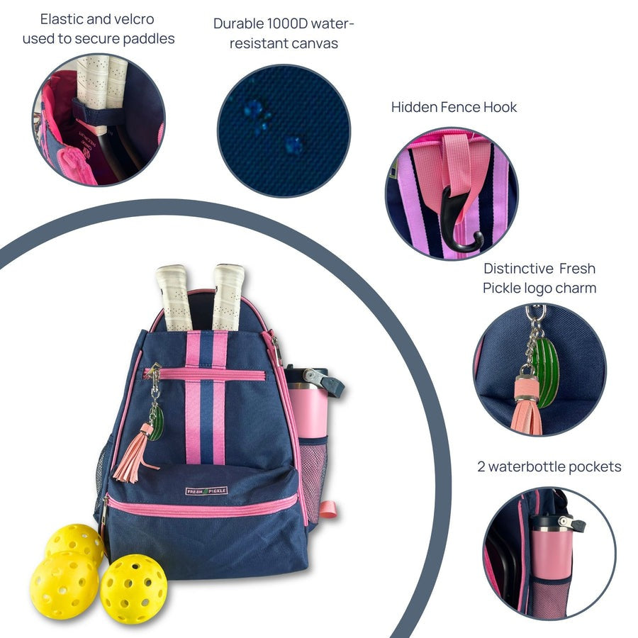 Navy and pink pickleball backpack with features highlighted on a white background