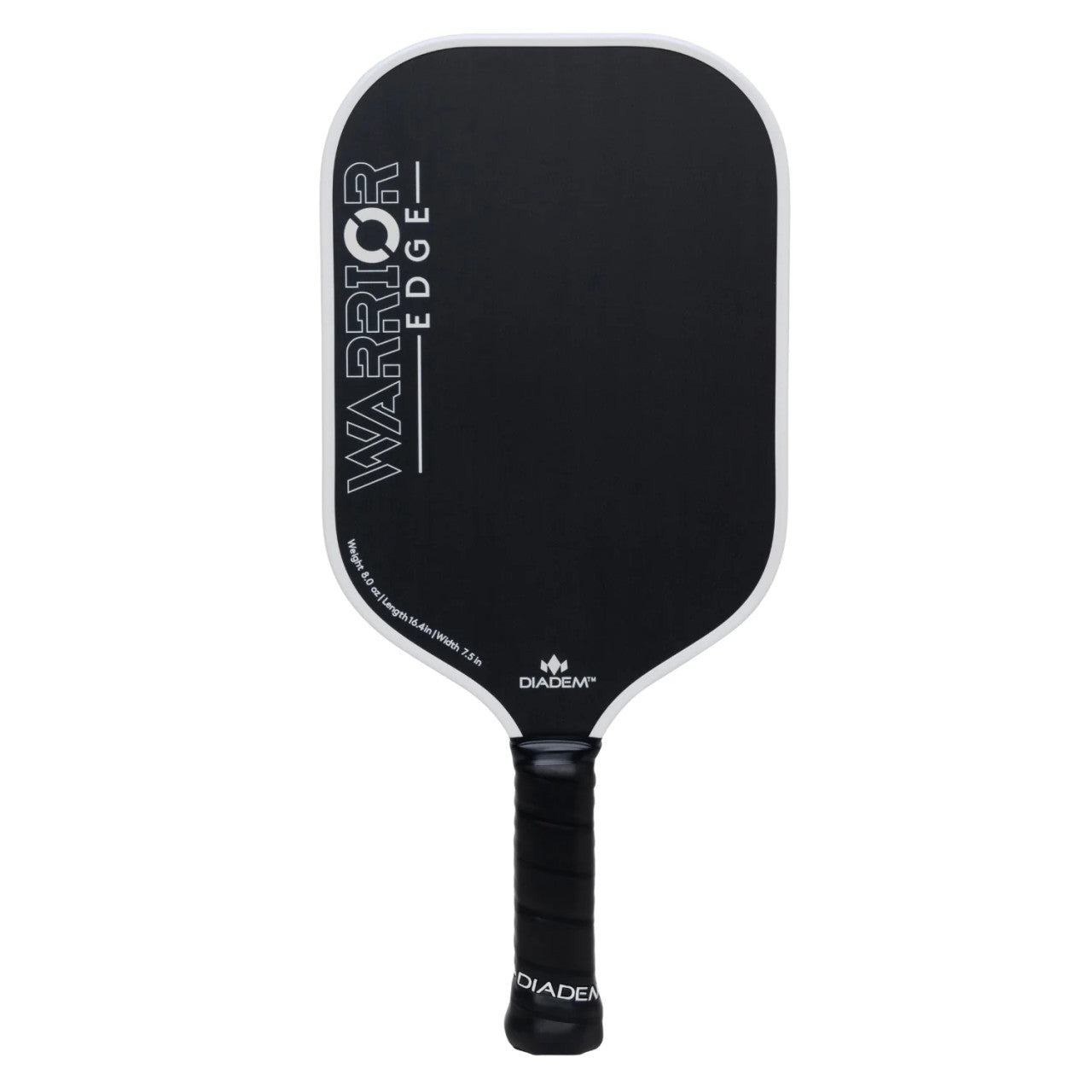 A black and white Diadem Warrior Edge paddle with a carbon fiber pattern and the brand name etched on the surface.