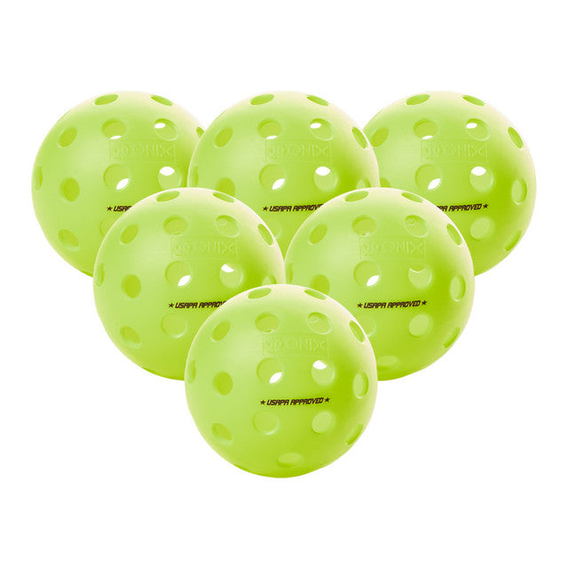 Six green Onix Fuse G2 outdoor pickleballs with 40-hole design, displayed against a white background.