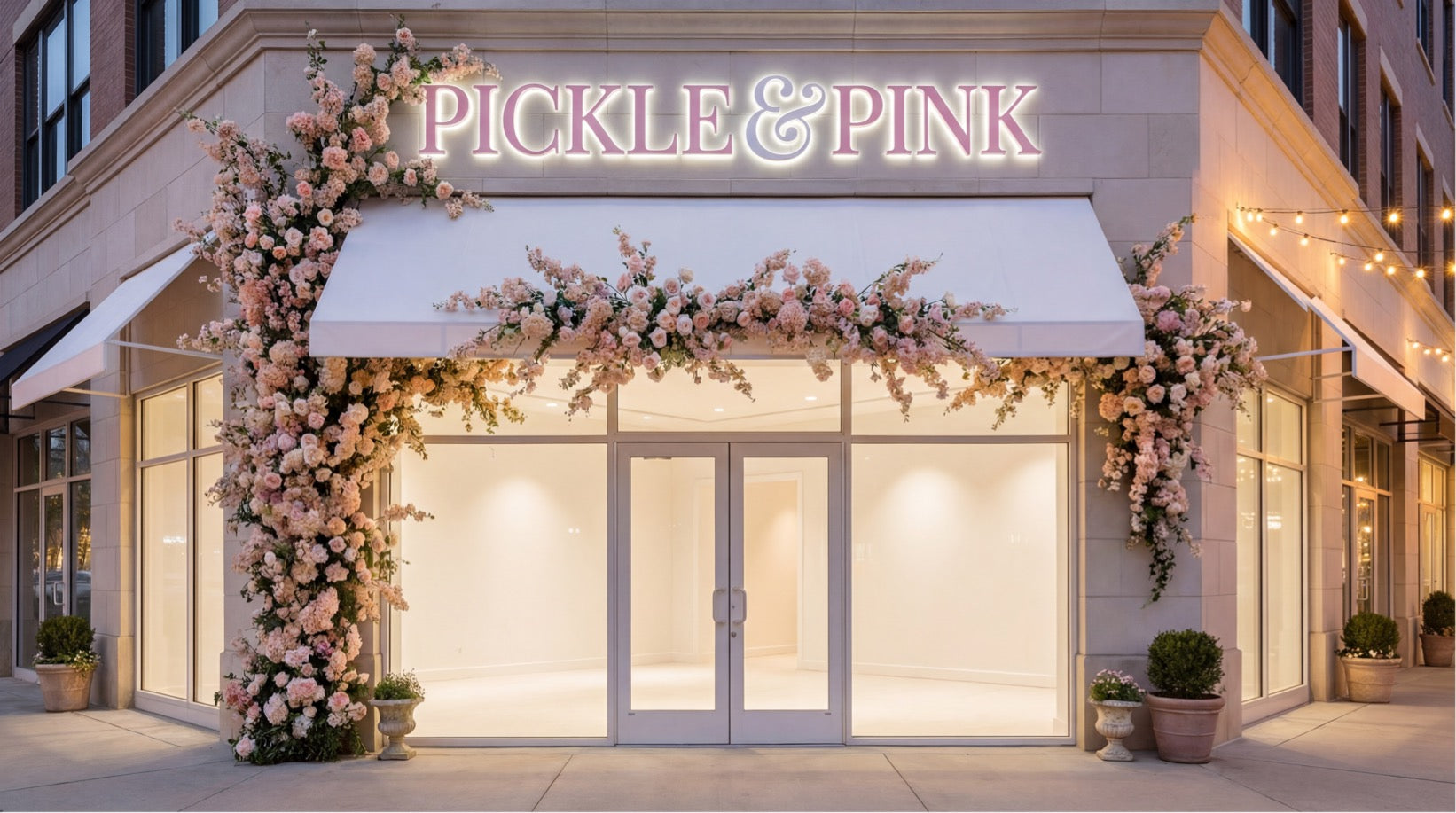 Storefront with 'Pickle & Pink' sign and floral decorations