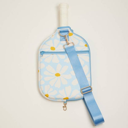 Light blue crossbody bag with floral pattern on a white background