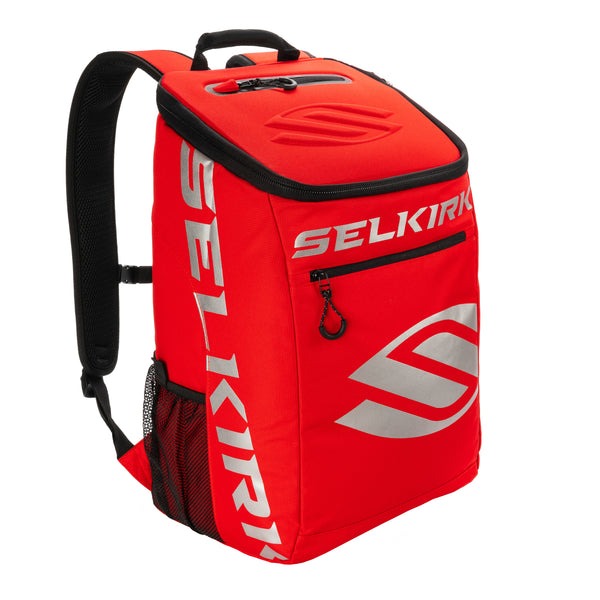 Red backpack with Selkirk logo on a white background
