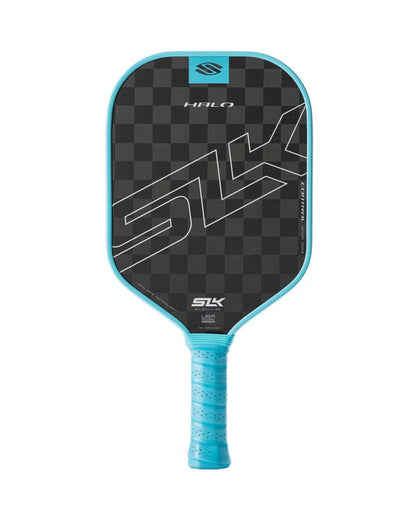 Pickleball paddle with black checkered face and blue handle on a white background
