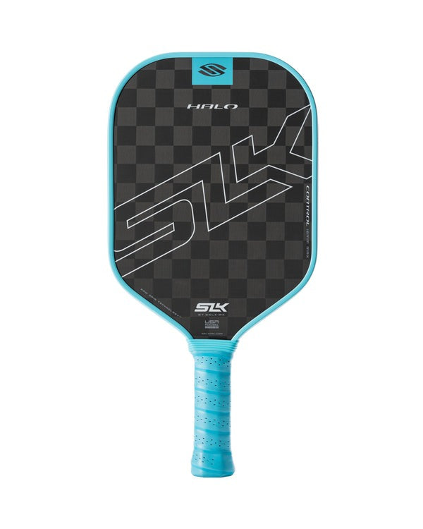 Pickleball paddle with black checkered face and blue handle on a white background