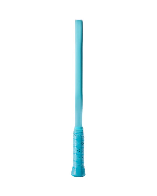 Blue paddle with a textured grip on a white background