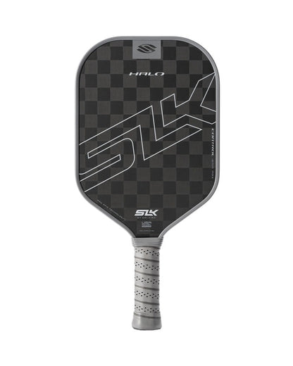 Pickleball paddle with checkered pattern and branding on a white background