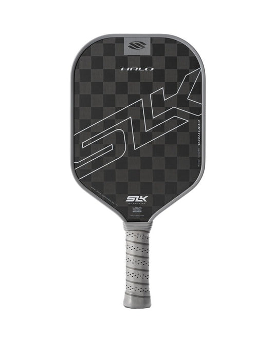 Pickleball paddle with checkered pattern and branding on a white background
