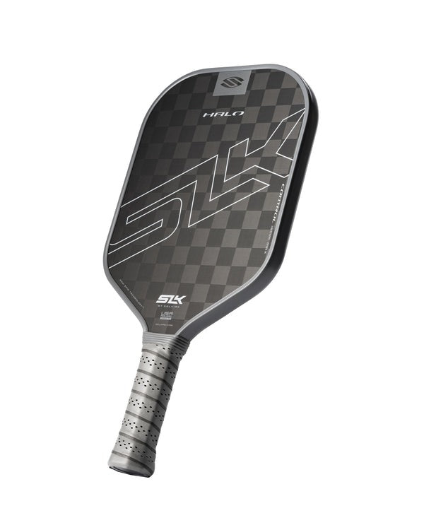 Pickleball paddle with checkered pattern and branding on a white background