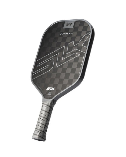Pickleball paddle with checkered pattern and branding on a white background