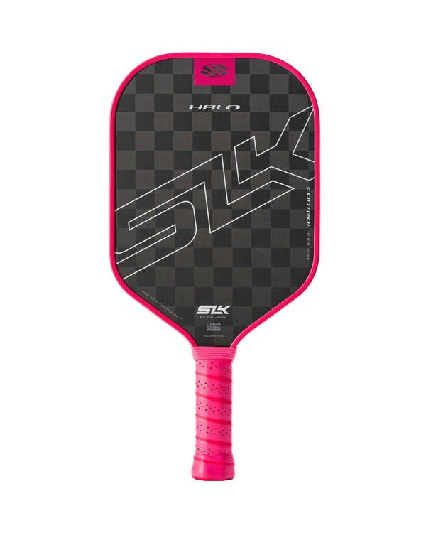 Pink and black pickleball paddle with checkered pattern on a white background