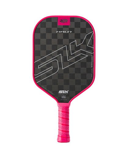 Pink and black pickleball paddle with checkered pattern on a white background