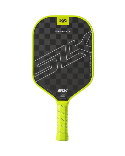 Pickleball paddle with checkered design and yellow handle on a white background