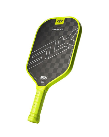 Pickleball paddle with green handle and black face on a white background