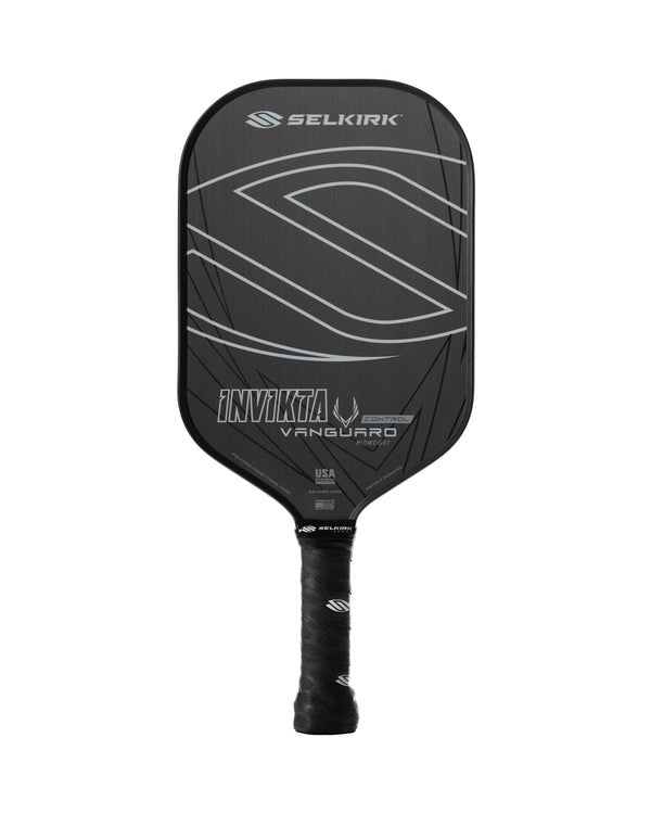 Black pickleball paddle with Selkirk branding on a white background