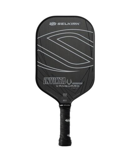 Black pickleball paddle with Selkirk branding on a white background