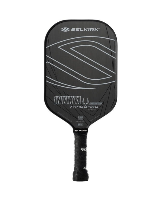 Black pickleball paddle with Selkirk branding on a white background