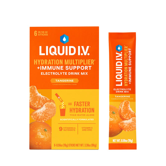 Packaging of Liquid I.V. tangerine flavored hydration powder 