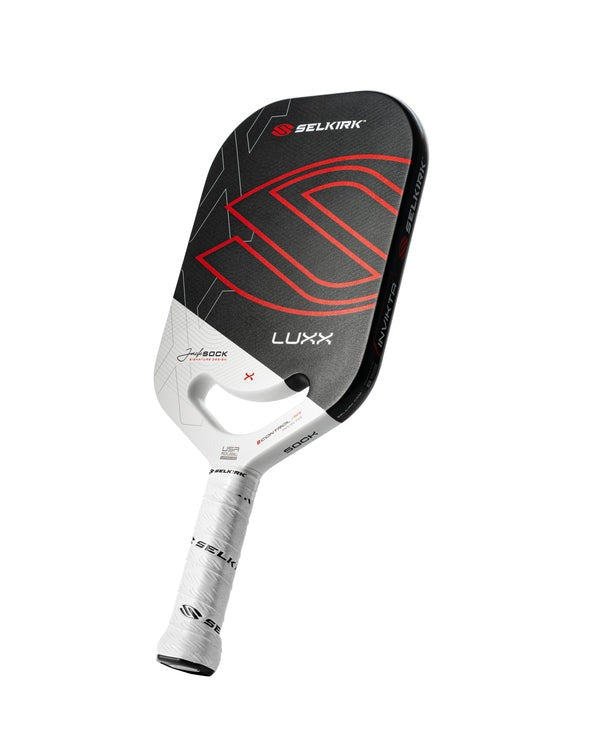 Pickleball paddle with black and red design on a white background