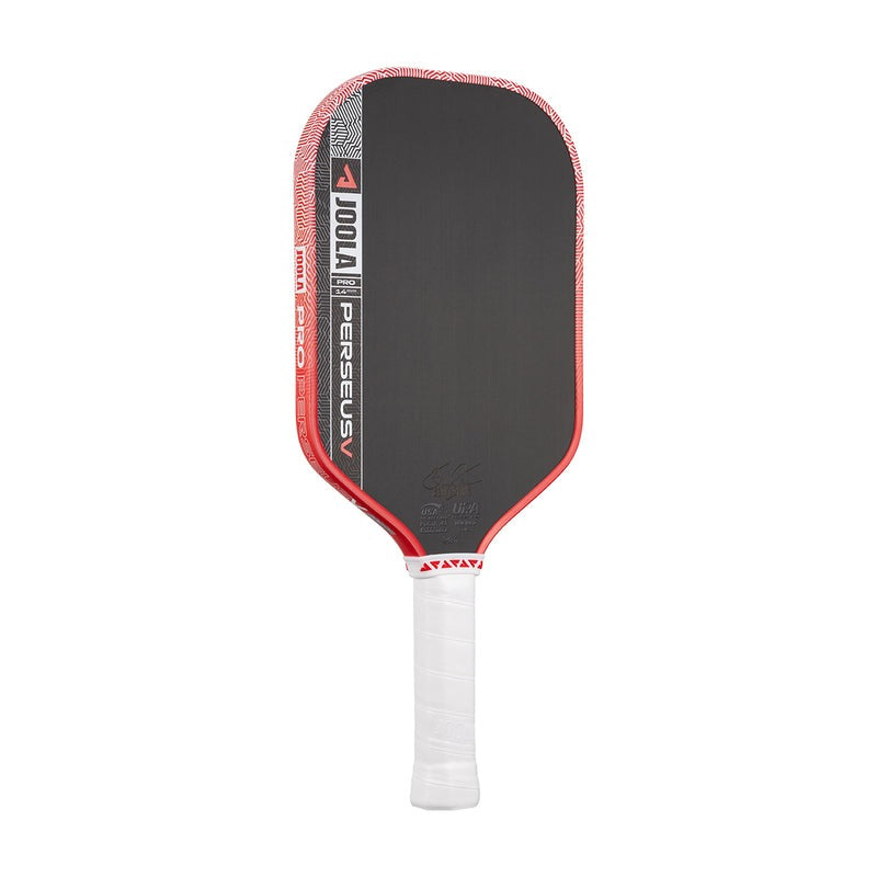 Pickleball paddle with red and black design on a white background