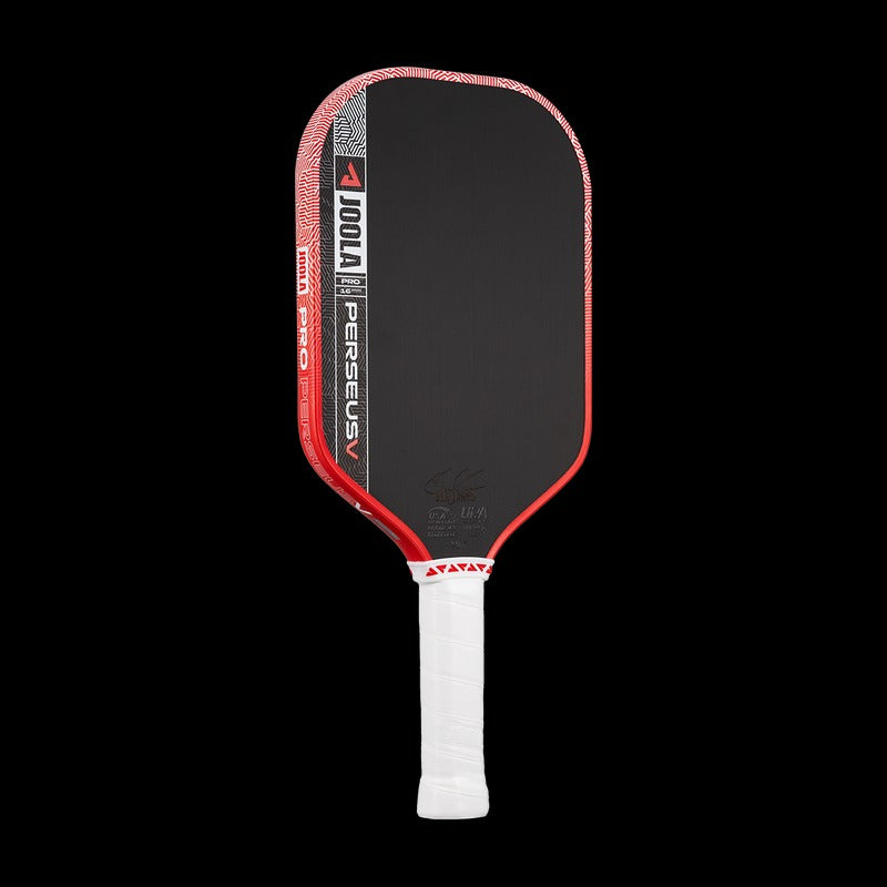 Pickleball paddle with red and black design on a white background